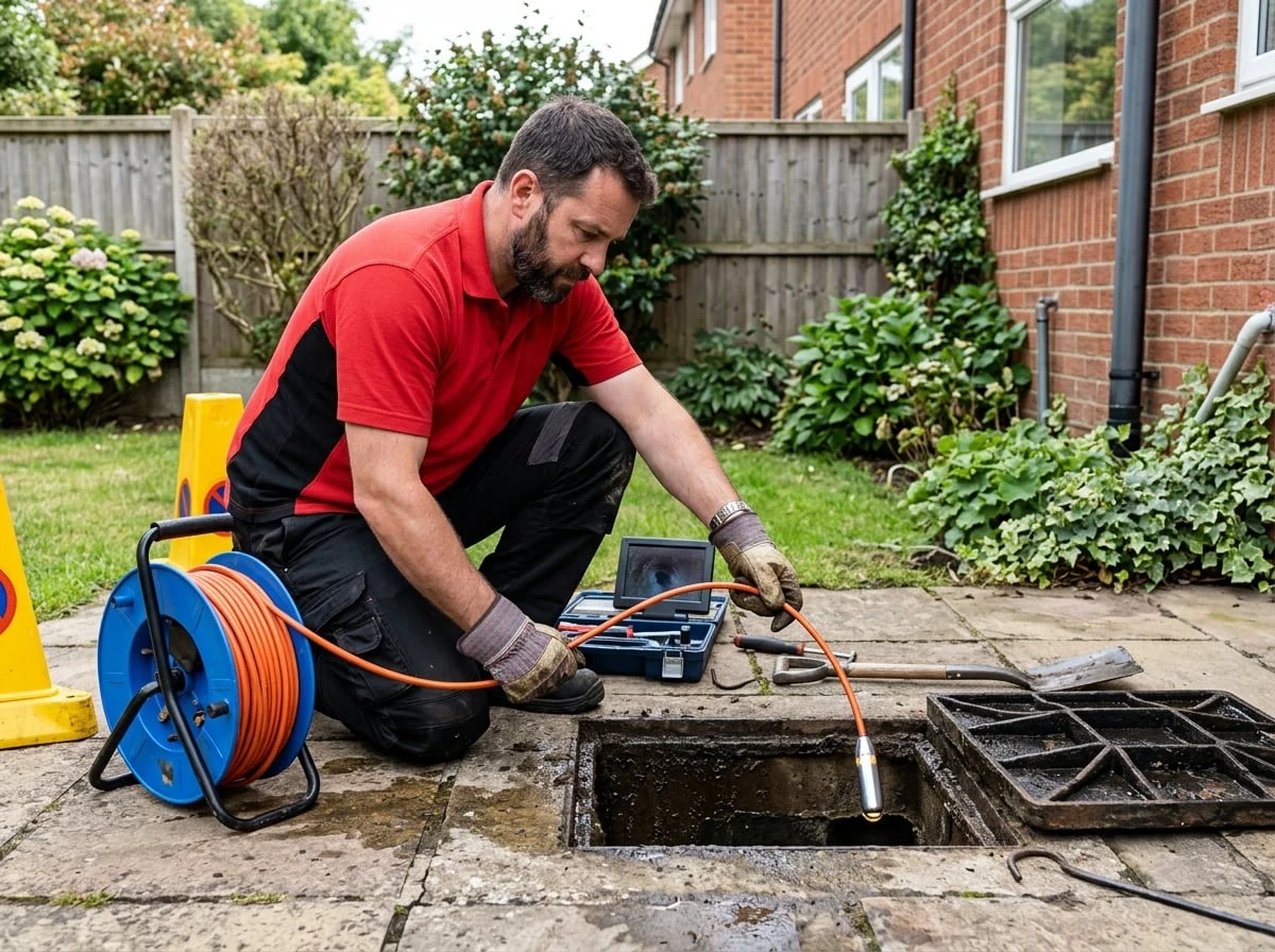 Richmond Plumbers 247 engineer using a CCTV drain camera to inspect a blocked drain in Richmond
