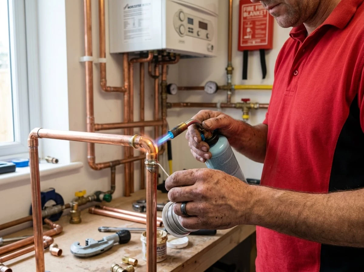 Richmond Plumbers 247 engineer soldering copper pipe fittings for a new boiler installation in Richmond